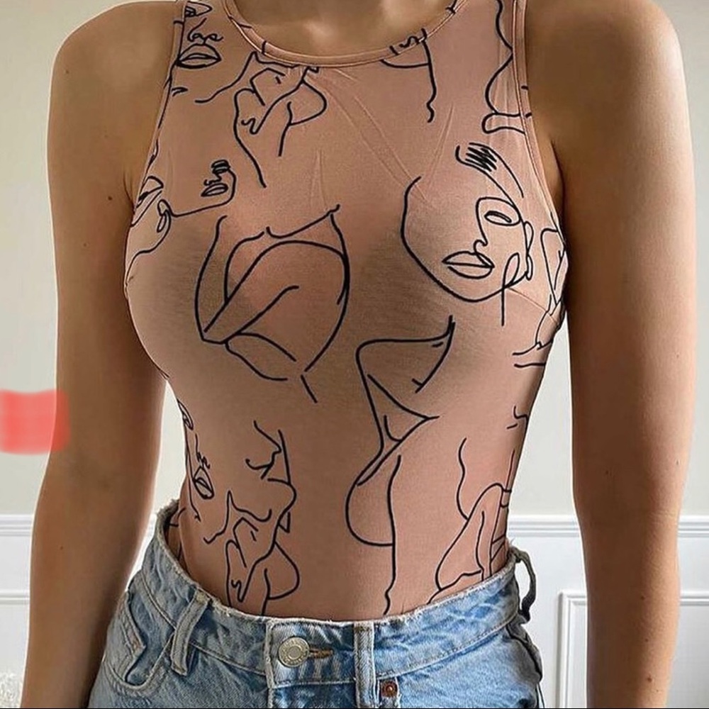 Figure Pattern O-Neck Sleeveless Bodysuit